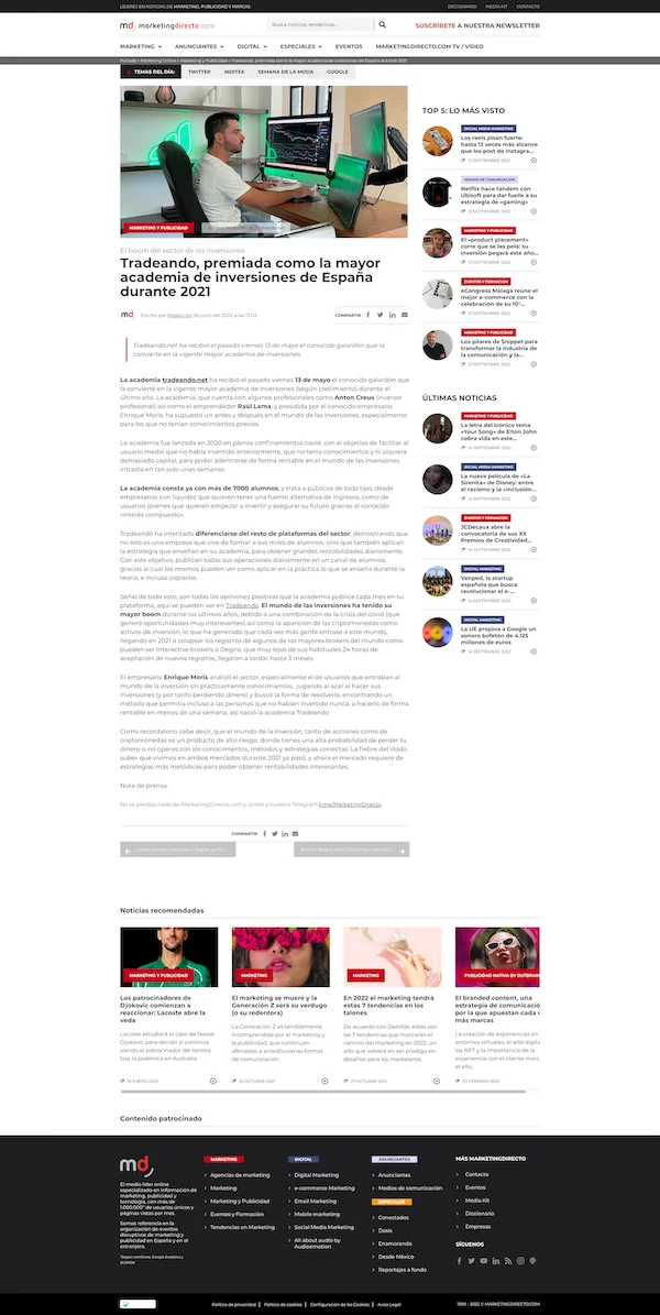 Tradeando premiada como la mayor academia de inversiones de España