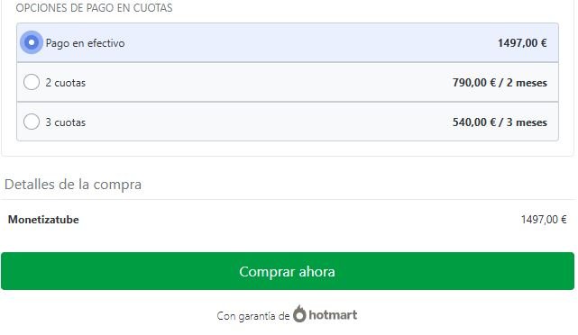 Captura del checkout o ficha de Hotmart de MonetizaTube
