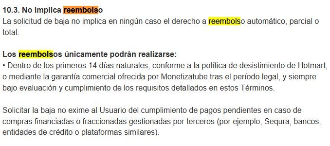Captura de términos y condiciones oficiales de MonetizaTube